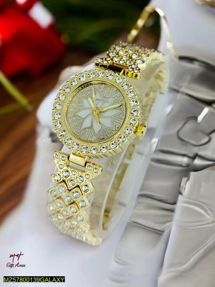 Women’s Golden Beads Chain Strap Watch – Elegant Stainless Steel Textured Strap